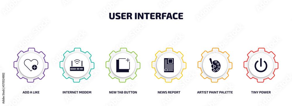 Poster user interface infographic element with filled icons and 6 step or option. user interface icons such
