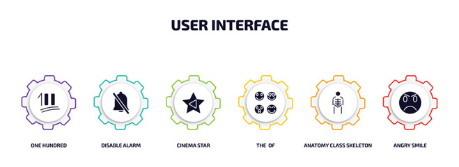 user interface infographic element with filled icons and 6 step or option. user interface icons such as one hundred, disable alarm, cinema star, the of, anatomy class skeleton, angry smile vector.