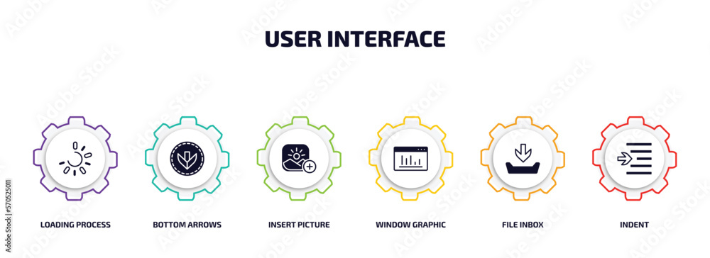 Poster user interface infographic element with filled icons and 6 step or option. user interface icons such