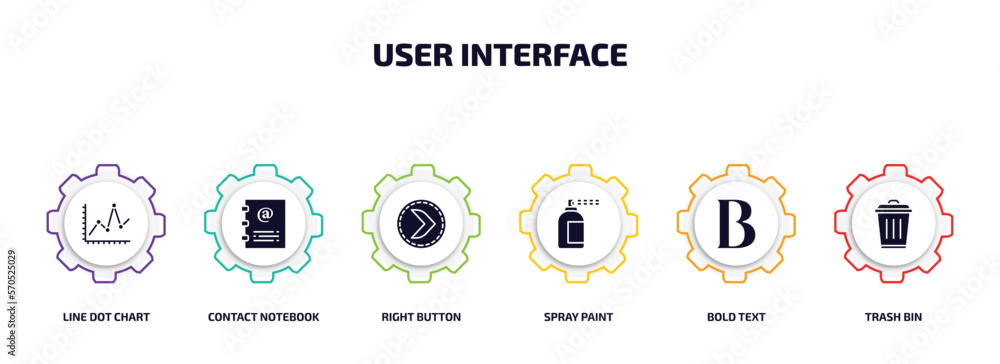 Poster user interface infographic element with filled icons and 6 step or option. user interface icons such