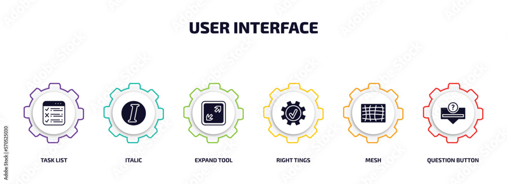 Poster user interface infographic element with filled icons and 6 step or option. user interface icons such