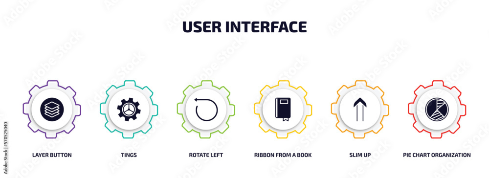 Poster user interface infographic element with filled icons and 6 step or option. user interface icons such