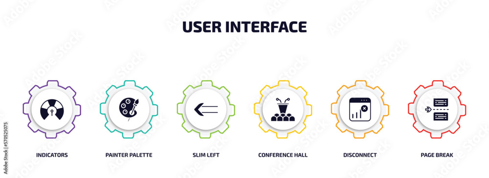 Poster user interface infographic element with filled icons and 6 step or option. user interface icons such
