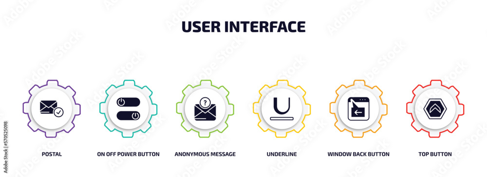 Poster user interface infographic element with filled icons and 6 step or option. user interface icons such
