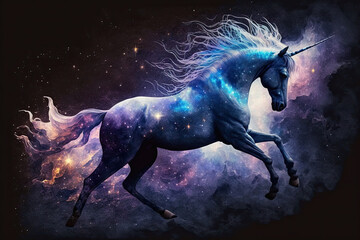 Fototapeta na wymiar Generative artificial intelligence. The figure of a unicorn in a cloud of galactic nebula among the stars and glitter. A fantasy magical creature. The concept of illustration.