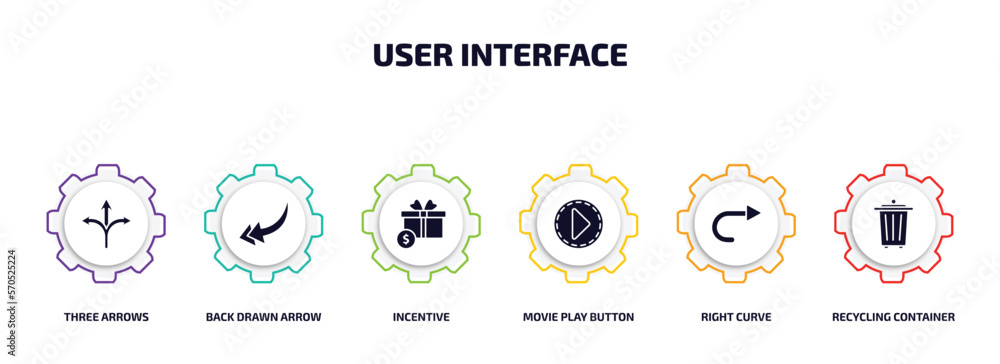 Poster user interface infographic element with filled icons and 6 step or option. user interface icons such