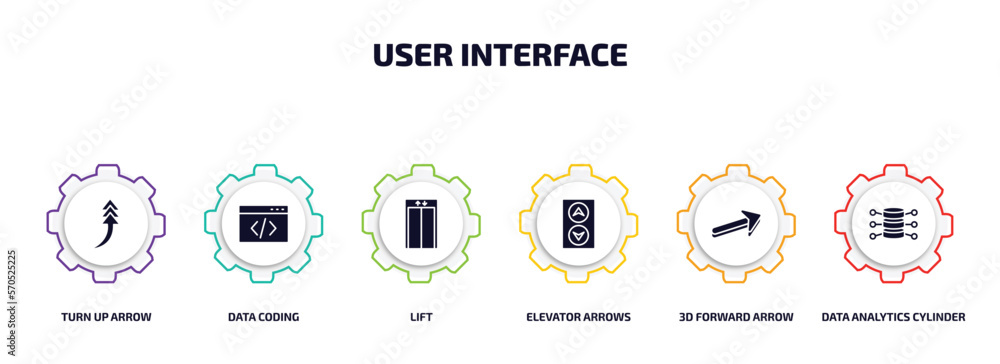 Poster user interface infographic element with filled icons and 6 step or option. user interface icons such