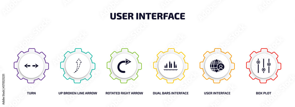 Poster user interface infographic element with filled icons and 6 step or option. user interface icons such