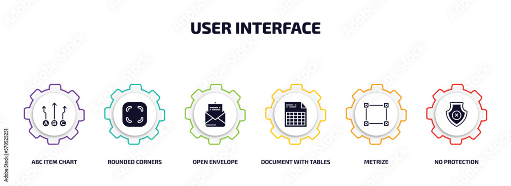 Aufkleber user interface infographic element with filled icons and 6 step or option. user interface icons such