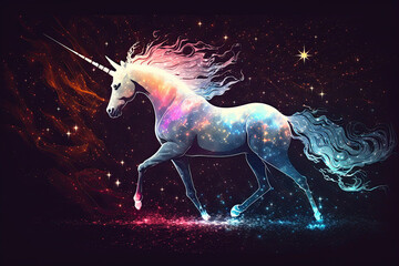 Obraz na płótnie Canvas Generative artificial intelligence. A unicorn figure in a cloud of galactic stars and glitter. A fantasy magical creature. The concept of illustration.
