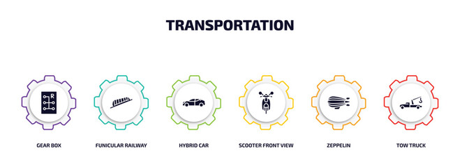 transportation infographic element with filled icons and 6 step or option. transportation icons such as gear box, funicular railway, hybrid car, scooter front view, zeppelin, tow truck vector.