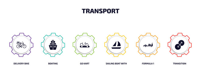 transport infographic element with filled icons and 6 step or option. transport icons such as delivery bike, boating, go kart, sailing boat with veils, formula 1, transition vector.