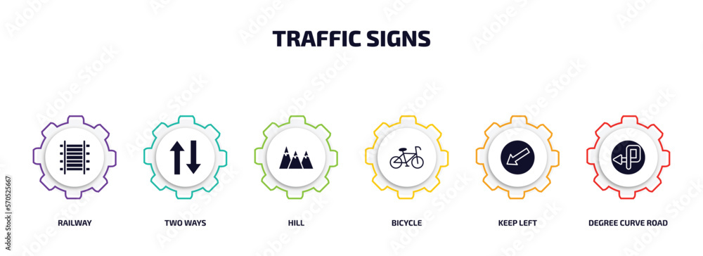 Poster traffic signs infographic element with filled icons and 6 step or option. traffic signs icons such a