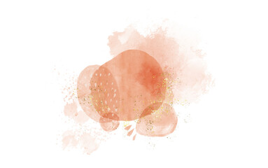 Pastel rose or pink and brown watercolor brush stroke splash with luxury golden frame and glitter gold lines round contour frame for banner or logo wedding elements