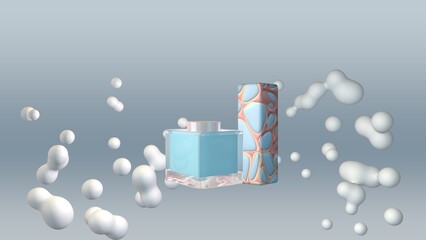 3D rendering. Glass jar of cosmetics or cream next to the box. Packaging with an abstract pattern in blue and pink. White air bubbles or flakes of foam fly randomly against the background. - 570525676