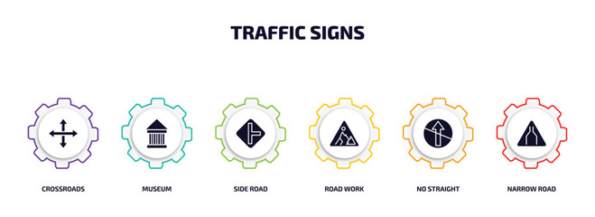 traffic signs infographic element with filled icons and 6 step or option. traffic signs icons such as crossroads, museum, side road, road work, no straight, narrow road vector.