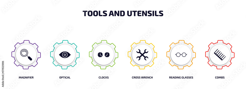 Poster tools and utensils infographic element with filled icons and 6 step or option. tools and utensils ic