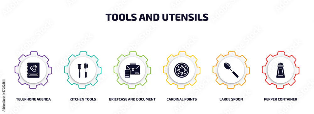 Poster tools and utensils infographic element with filled icons and 6 step or option. tools and utensils ic