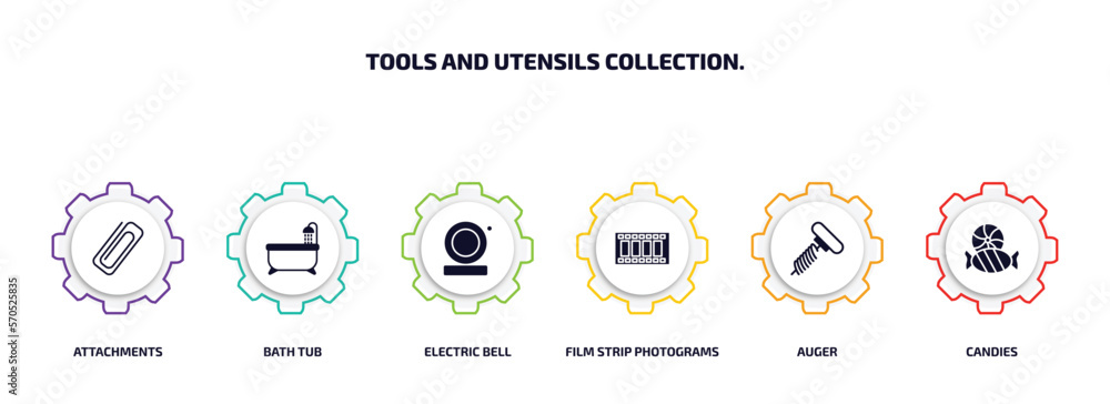 Poster tools and utensils collection. infographic element with filled icons and 6 step or option. tools and