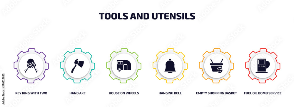 Poster tools and utensils infographic element with filled icons and 6 step or option. tools and utensils ic