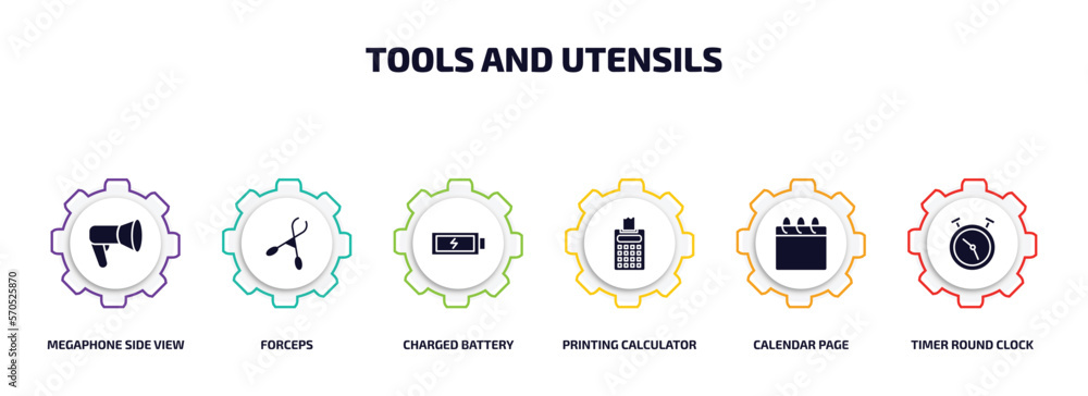 Poster tools and utensils infographic element with filled icons and 6 step or option. tools and utensils ic