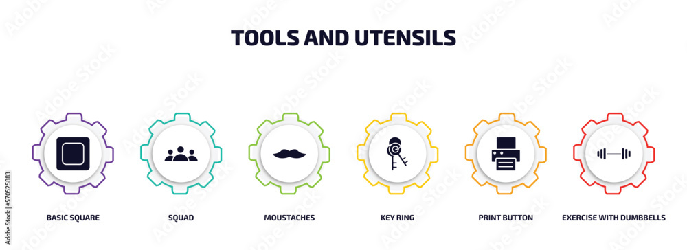 Poster tools and utensils infographic element with filled icons and 6 step or option. tools and utensils ic