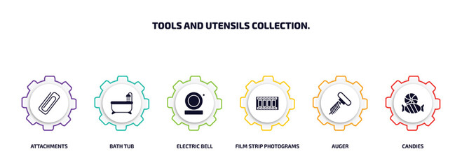 tools and utensils collection. infographic element with filled icons and 6 step or option. tools and utensils collection. icons such as attachments, bath tub, electric bell, film strip photograms,