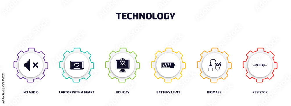 Aufkleber technology infographic element with filled icons and 6 step or option. technology icons such as no a