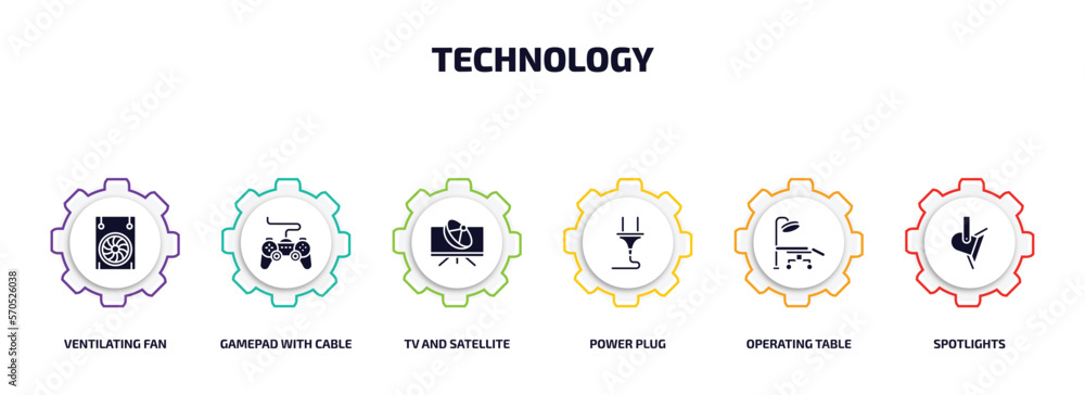 Poster technology infographic element with filled icons and 6 step or option. technology icons such as vent