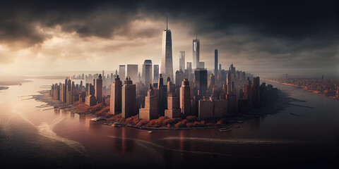 Stunning Sunset View of NYC Skyline: Magnificent Top View of New York's Skyscrapers Amidst Cloudy Foggy Day. Generative AI