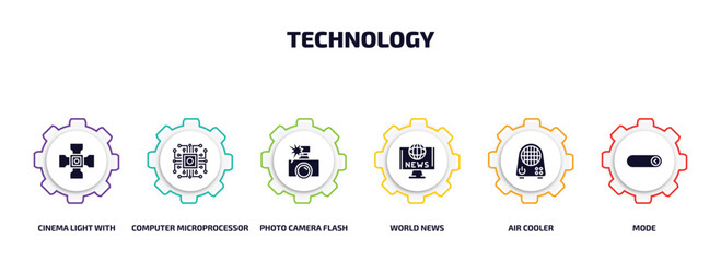 technology infographic element with filled icons and 6 step or option. technology icons such as cinema light with cable, computer microprocessor, photo camera flash, world news, air cooler, mode