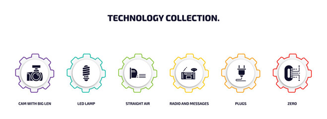 technology collection. infographic element with filled icons and 6 step or option. technology collection. icons such as cam with big len, led lamp, straight air, radio and messages, plugs, zero