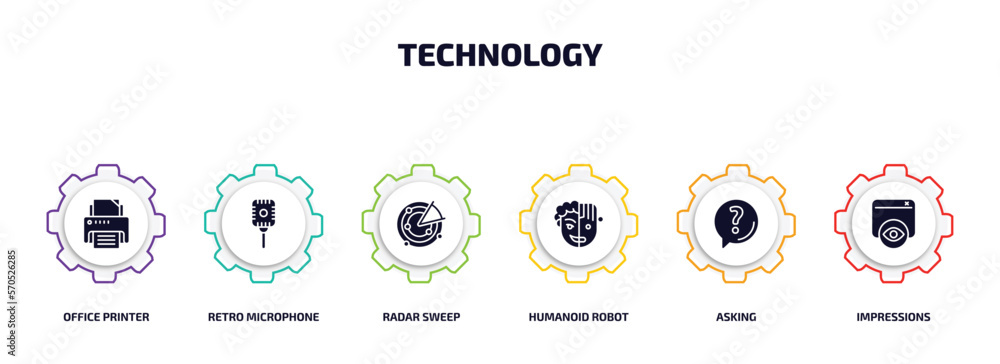 Poster technology infographic element with filled icons and 6 step or option. technology icons such as offi