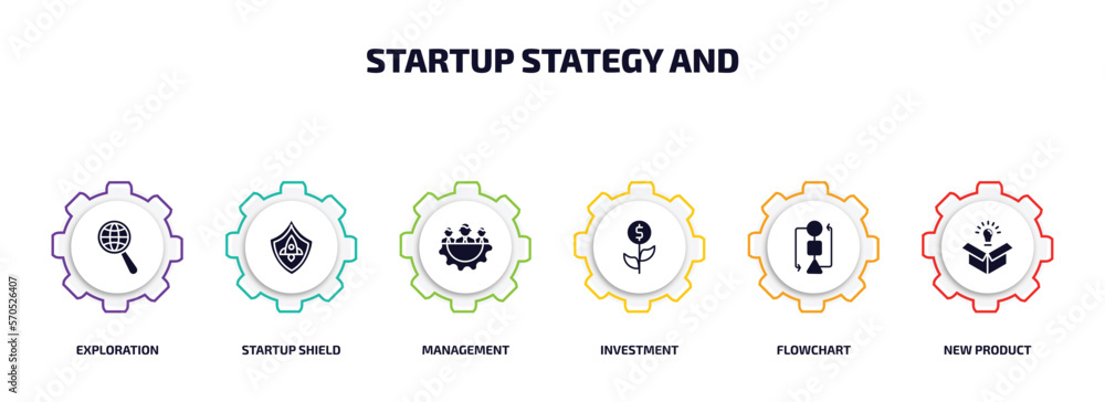 Aufkleber startup stategy and infographic element with filled icons and 6 step or option. startup stategy and 