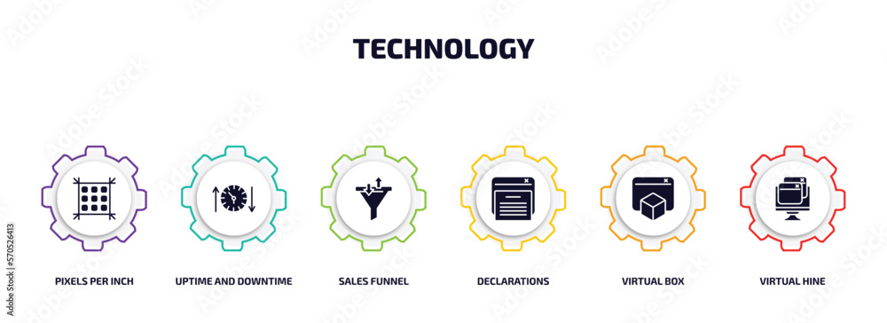 Poster technology infographic element with filled icons and 6 step or option. technology icons such as pixe