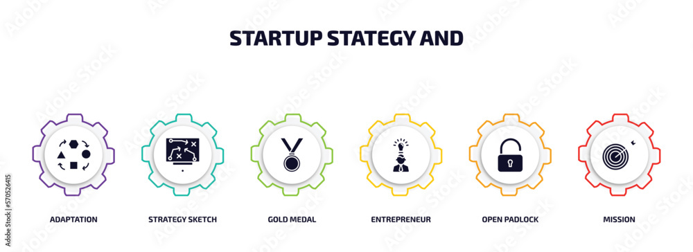 Poster startup stategy and infographic element with filled icons and 6 step or option. startup stategy and 
