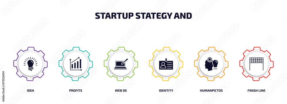 Aufkleber startup stategy and infographic element with filled icons and 6 step or option. startup stategy and 