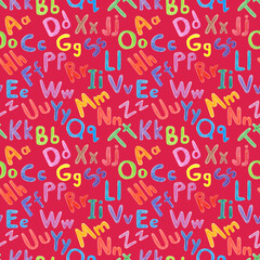 Seamless pattern of A B C D letters of the alphabet hand drawn with wax crayons. Lettering  on Viva Magenta background. For fabric, sketchbook, wallpaper, wrapping paper.