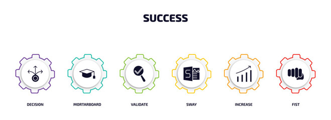 success infographic element with filled icons and 6 step or option. success icons such as decision, mortarboard, validate, sway, increase, fist vector.