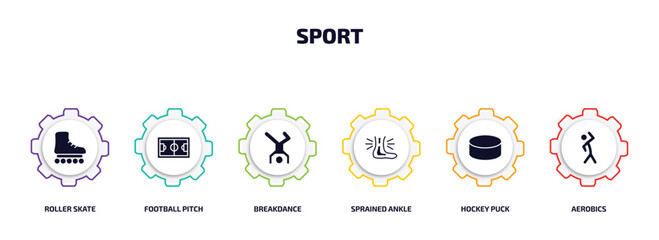sport infographic element with filled icons and 6 step or option. sport icons such as roller skate, football pitch, breakdance, sprained ankle, hockey puck, aerobics vector.