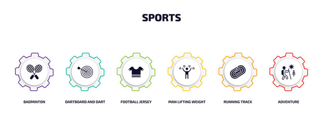 sports infographic element with filled icons and 6 step or option. sports icons such as badminton, dartboard and dart, football jersey, man lifting weight, running track, adventure vector.