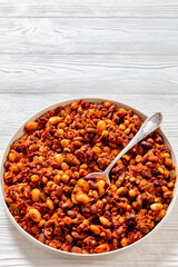 Beans and Sausage bake in baking dish, top view