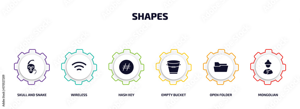 Poster shapes infographic element with filled icons and 6 step or option. shapes icons such as skull and sn