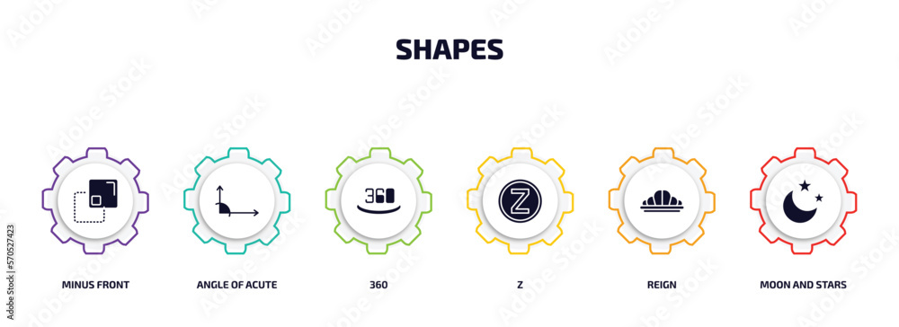 Poster shapes infographic element with filled icons and 6 step or option. shapes icons such as minus front,
