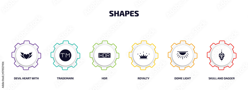 Poster shapes infographic element with filled icons and 6 step or option. shapes icons such as devil heart 