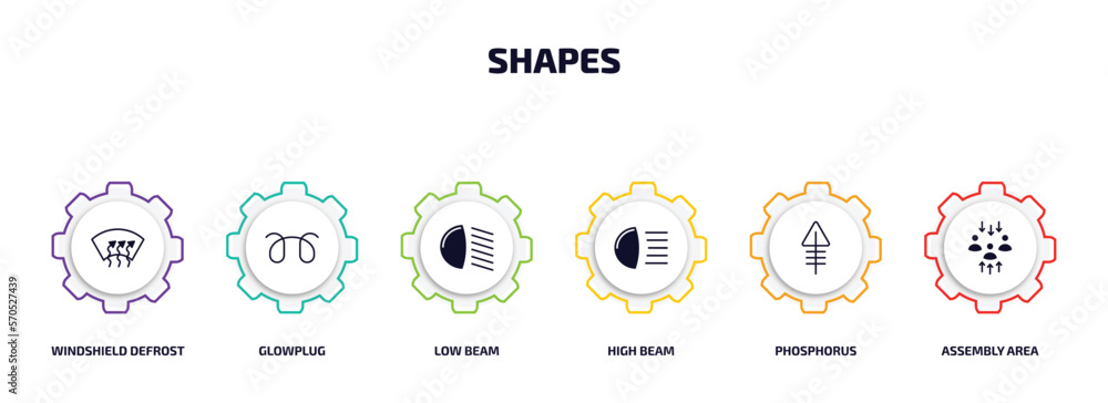Aufkleber shapes infographic element with filled icons and 6 step or option. shapes icons such as windshield d