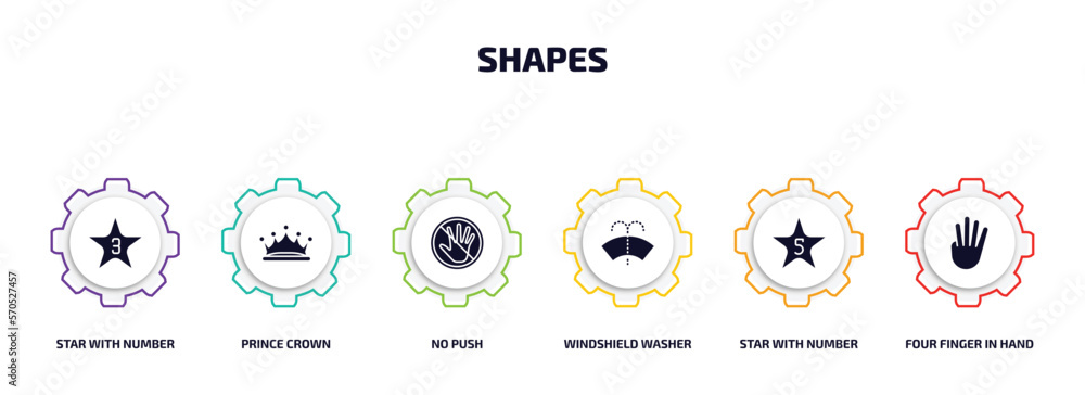 Poster shapes infographic element with filled icons and 6 step or option. shapes icons such as star with nu