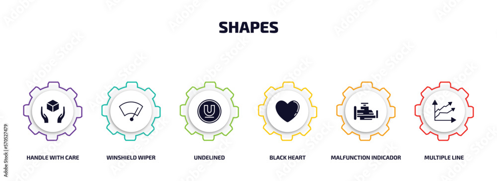 Poster shapes infographic element with filled icons and 6 step or option. shapes icons such as handle with 