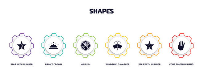 shapes infographic element with filled icons and 6 step or option. shapes icons such as star with number three, prince crown, no push, windshield washer, star with number five, four finger in hand