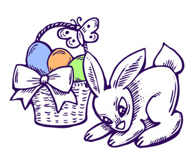 Easter bunny with basket, eggs, flowers and butterfly. Decorative design composition for poster print, greeting card, kids party invitation. Hand drawn illustration. Vintage cartoon style drawing.